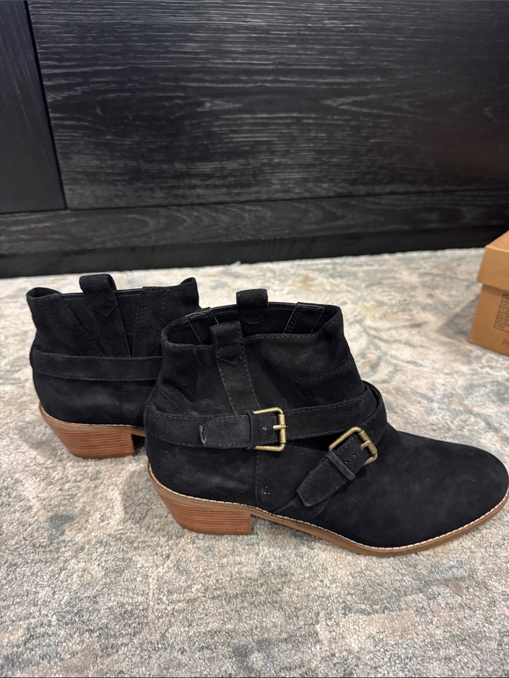Cole Haan Black Suede Ankle Booties with Buckle Straps - Picture 2 of 7